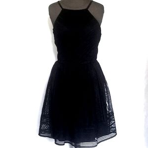 Alya Black Lace Overlay Halter Spaghetti Strap Mini Dress, Size M